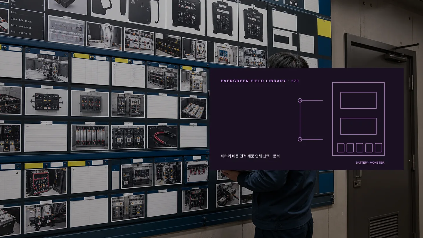 배터리 계약 작업계획 검수서 연결 현장 사진과 기술 도식을 결합한 고유 히어로 이미지 밧데리몬스터
